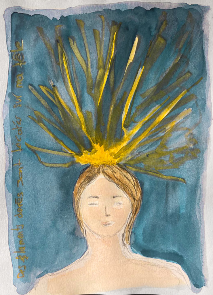 “La Trame — soin énergétique : femme dessinée avec des rayons de lumière autour de la tête, symbolisant la libération des blocages et le retour à la fluidité intérieure”